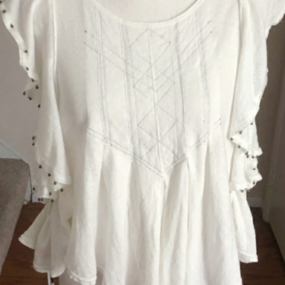 Free People White Embroidered Beaded Top